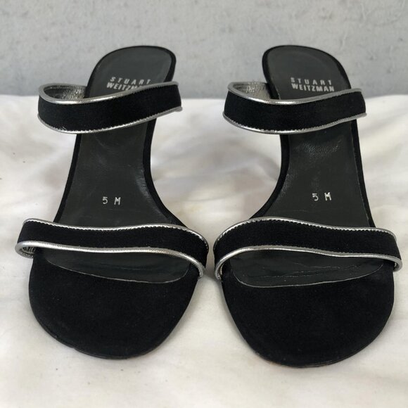 Stuart Weitzman Shoes Womens Size 5 Black Silver Sandal Heels Kitten Slide Mules - Picture 11 of 16